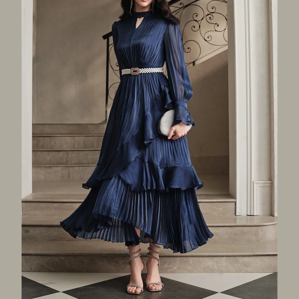 Navy Blue Pleated Shimmer Chiffon Keyhole Neck Tiered Ruffle Maxi Dress